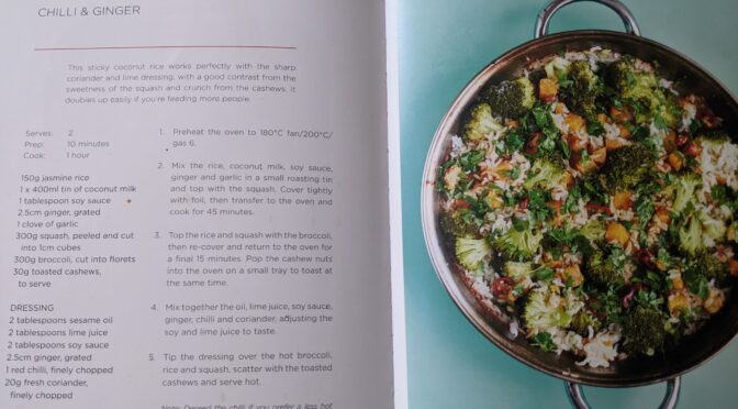 All in one sticky rice with broccoli, squash, chilli, ginger