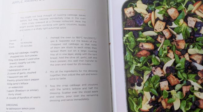 Roasted red cabbage with garlic croutons, apple, raisins and lambs lettuce