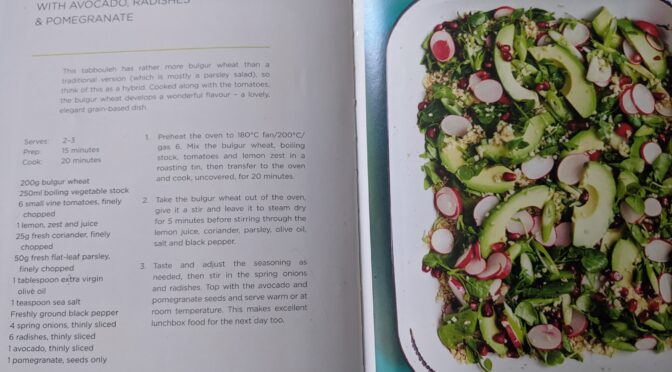 Rainbow tabbouleh with avocado, radishes and pomegranate