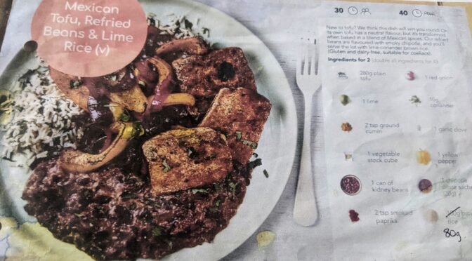 Mexican tofu, refried beans and lime rice