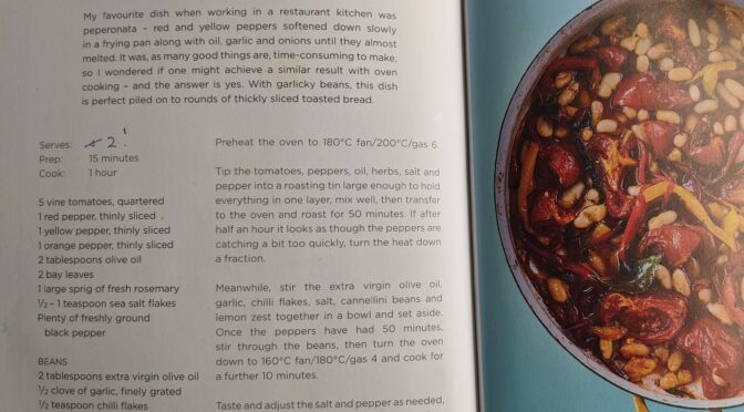 Slow roasted peppers, with with chilli, lemon and garlic beans