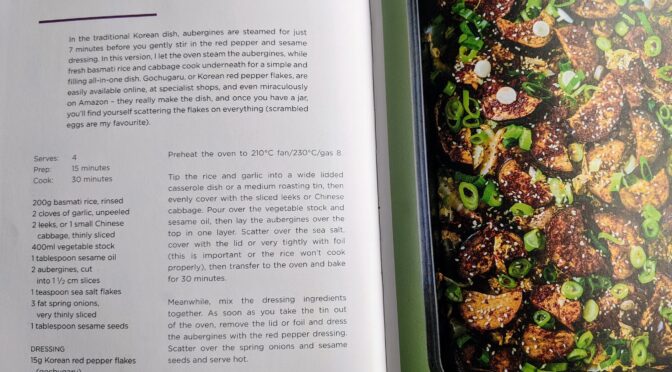 Korean style aubergines with spring onions and sesame rice