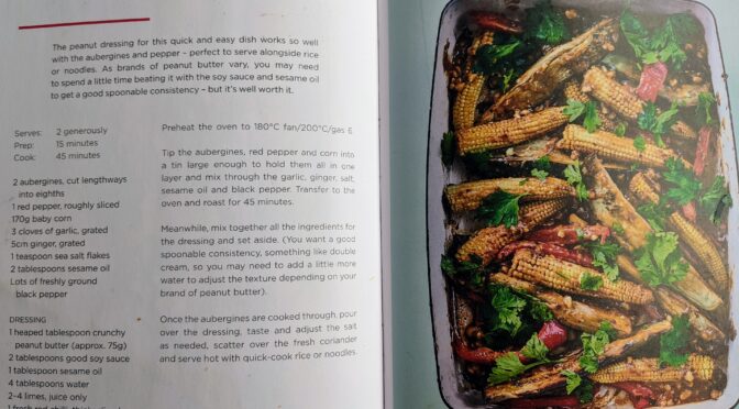 Roasted aubergine with peanuts, chilli and lime